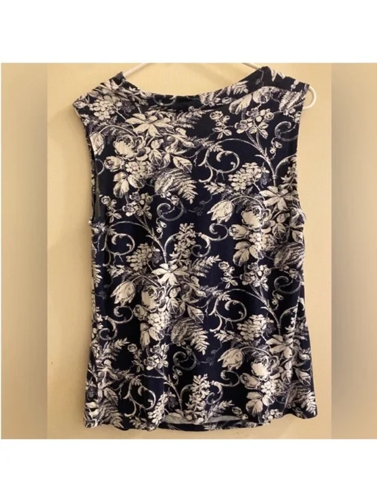 Cowl Neck Floral Top - Navy & White- sz Large - Picture 2 of 4